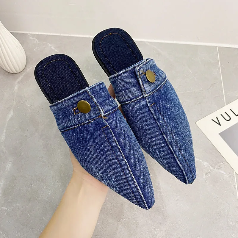 Women's washed denim flat closed toe slippers in light blue with canvas upper and rubber sole