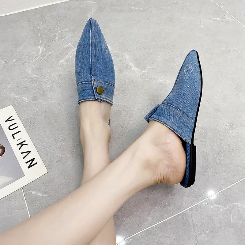 Women's washed denim flat closed toe slippers in light blue with canvas upper and rubber sole