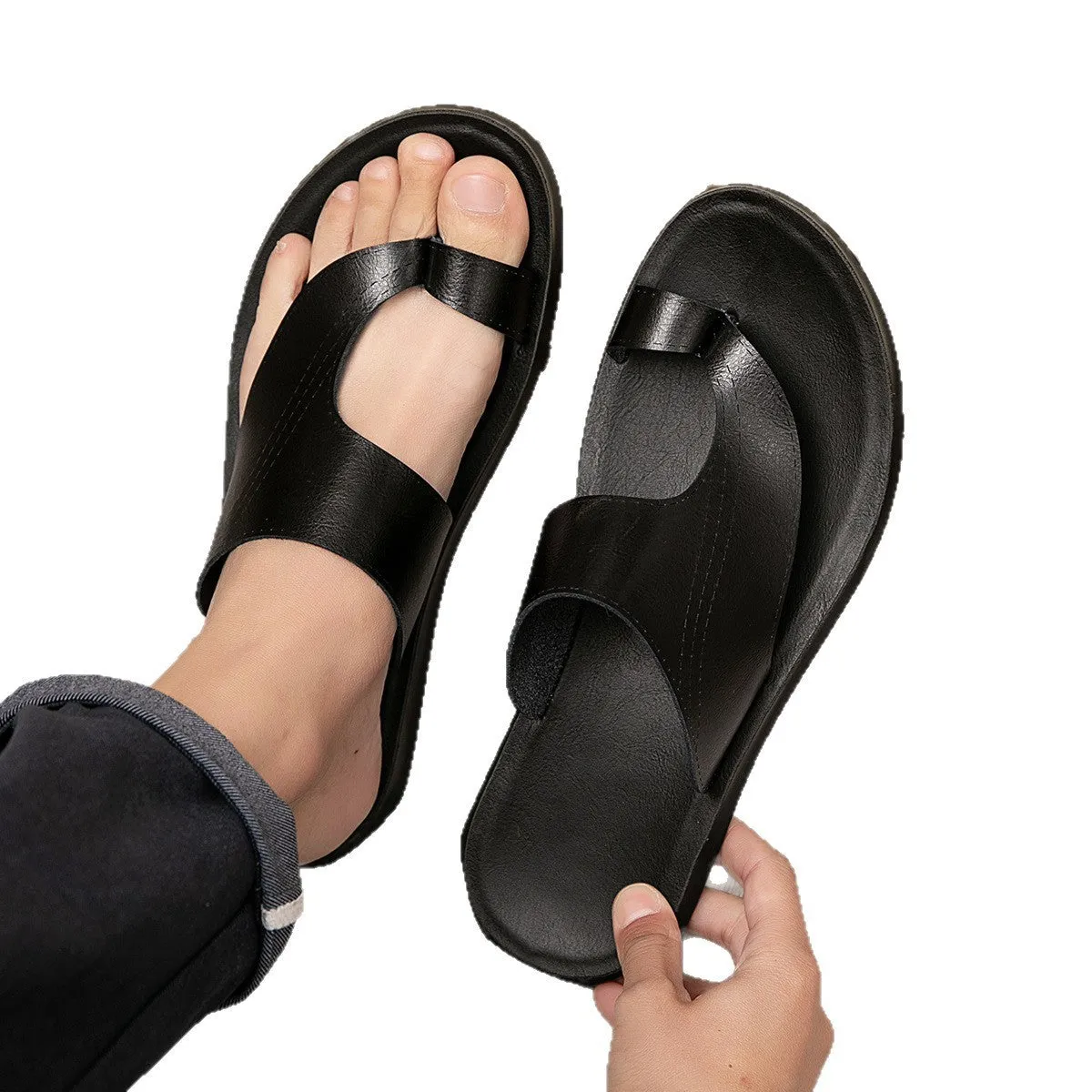 Men's non-slip PU leather beach slippers in black, side view