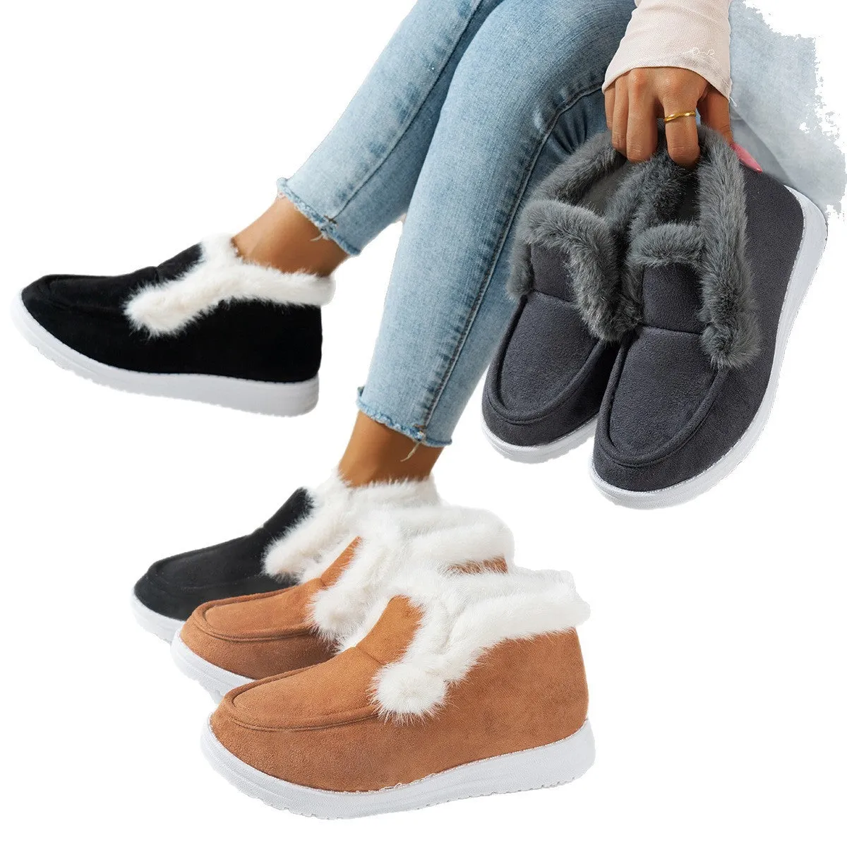 Women's cotton cloth oversleeve boots with non-slip rubber sole in black, side view