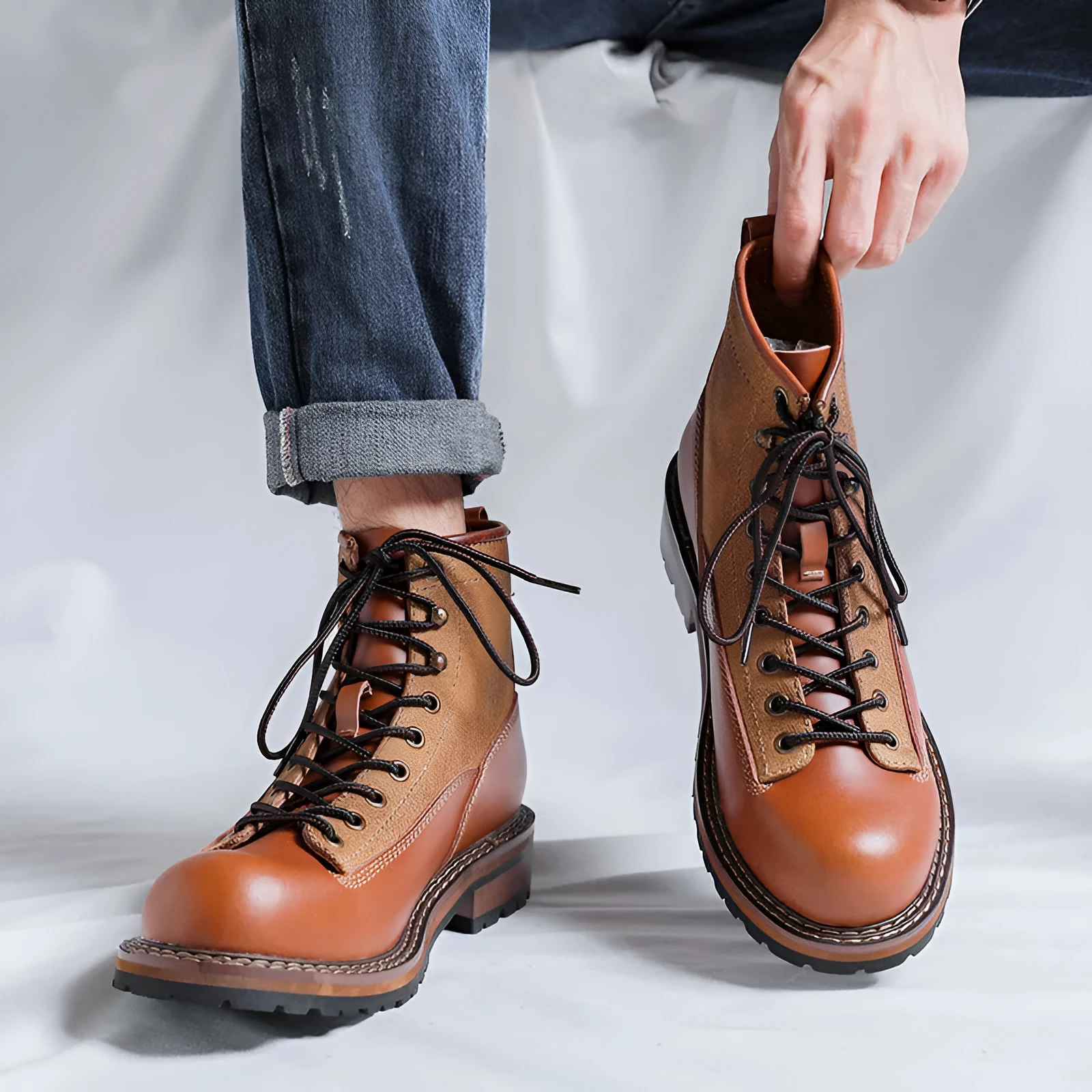 Men's brown tooling platform leather boots with lace-up closure and platform sole