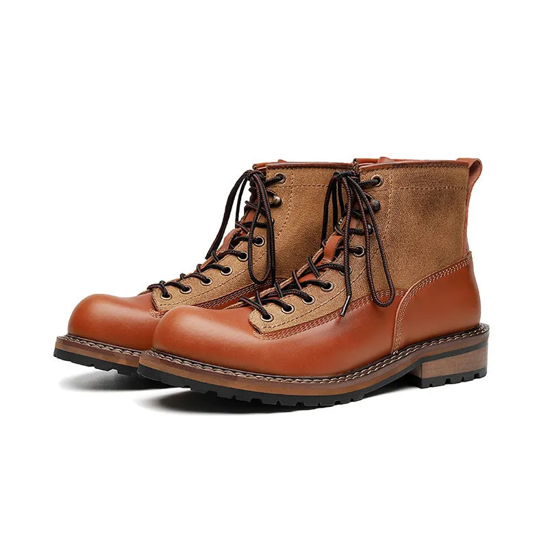 Men's brown tooling platform leather boots with lace-up closure and platform sole