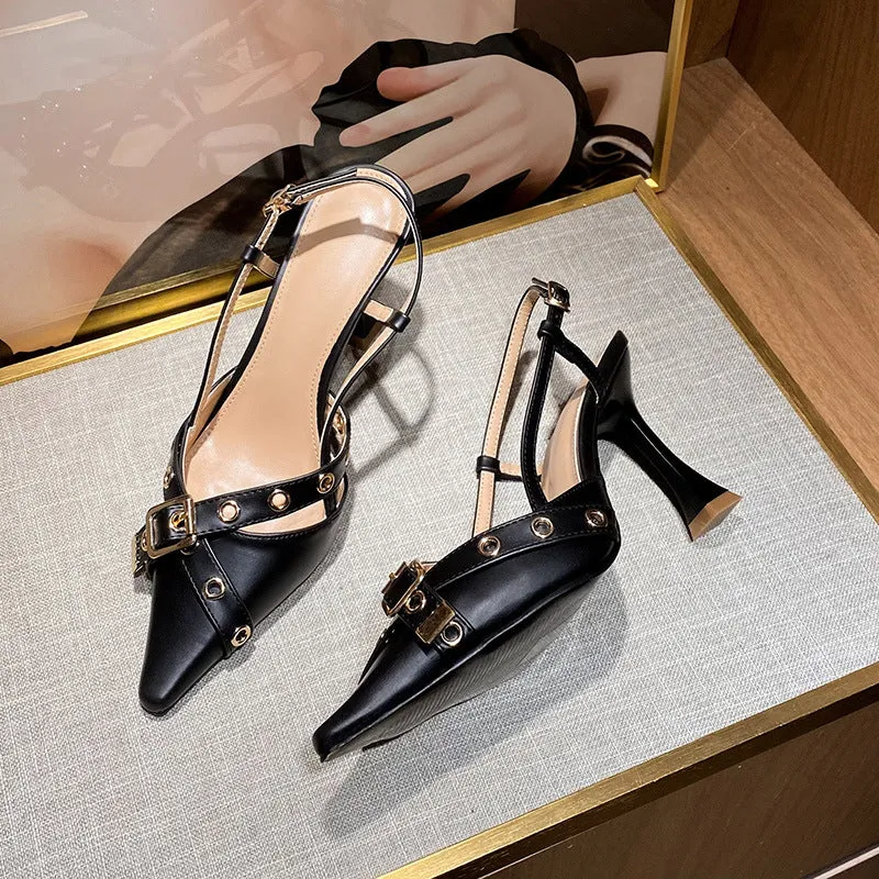 Women's mid heel sandals with cross strap belt buckle in black patent leather pointed toe