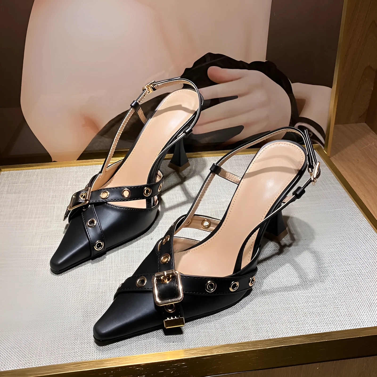 Women's mid heel sandals with cross strap belt buckle in black patent leather pointed toe