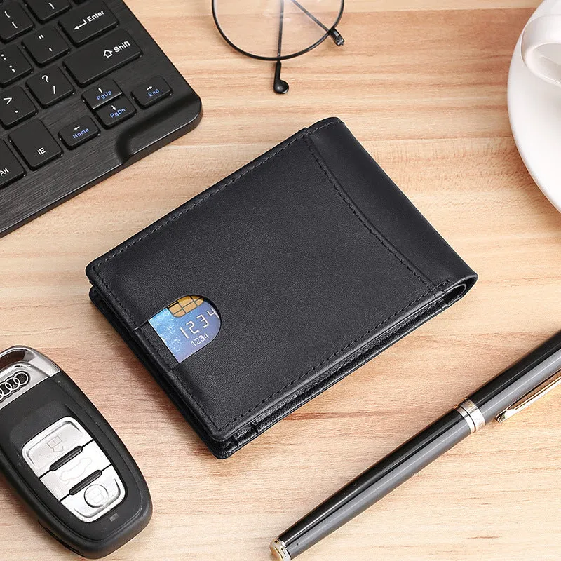 Men's leather tracker wallet made from scalp cow leather in black, showing front and card slot details