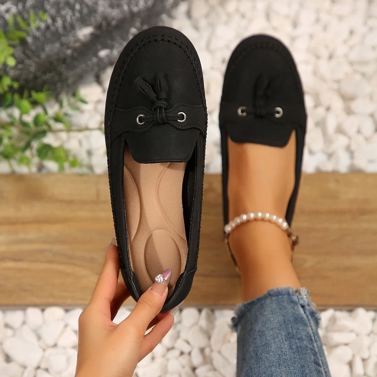 Women's round head loafers non-slip flats low heel artificial PU TPR sole available in multiple colours