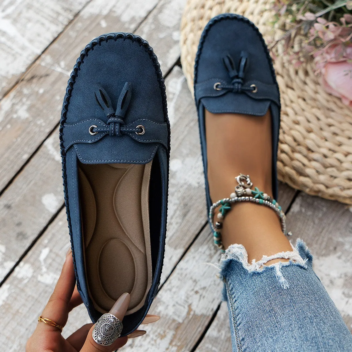 Women's round head loafers non-slip flats low heel artificial PU TPR sole available in multiple colours