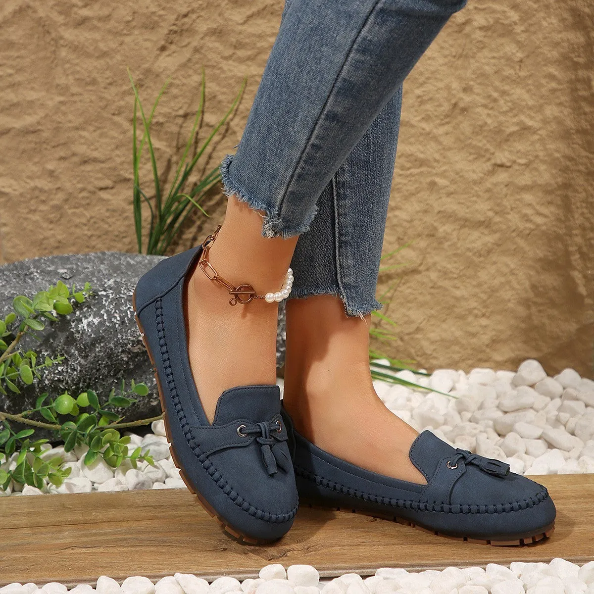 Women's round head loafers non-slip flats low heel artificial PU TPR sole available in multiple colours