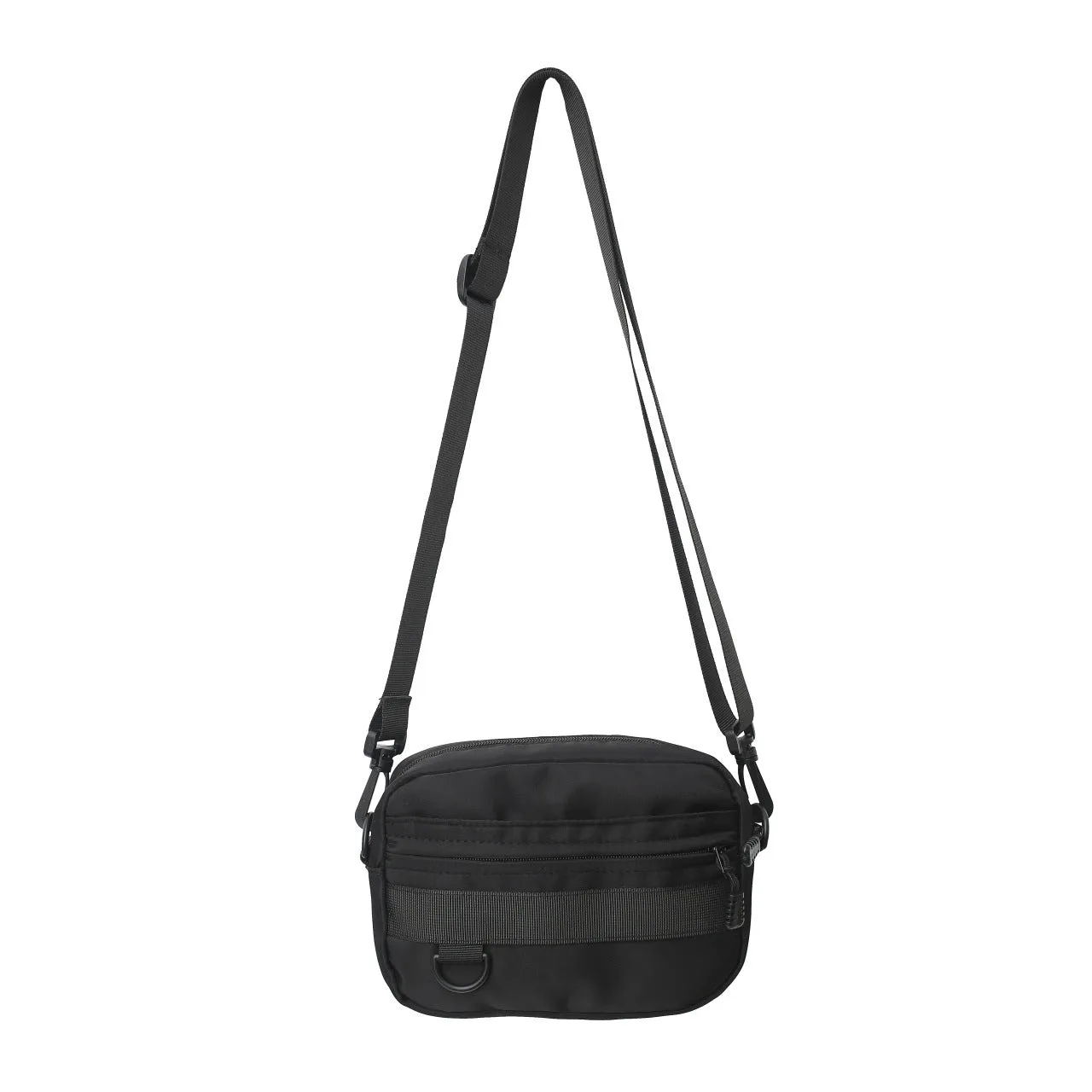 Men's street-style nylon messenger crossbody bag in black, shown with sewing thread detail.