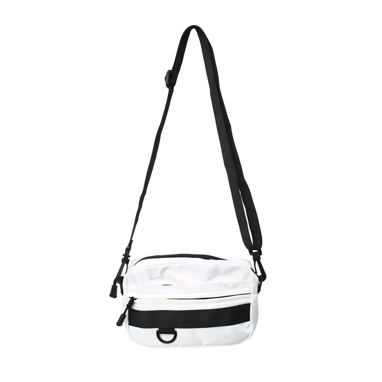 Men's street-style nylon messenger crossbody bag in black, shown with sewing thread detail.