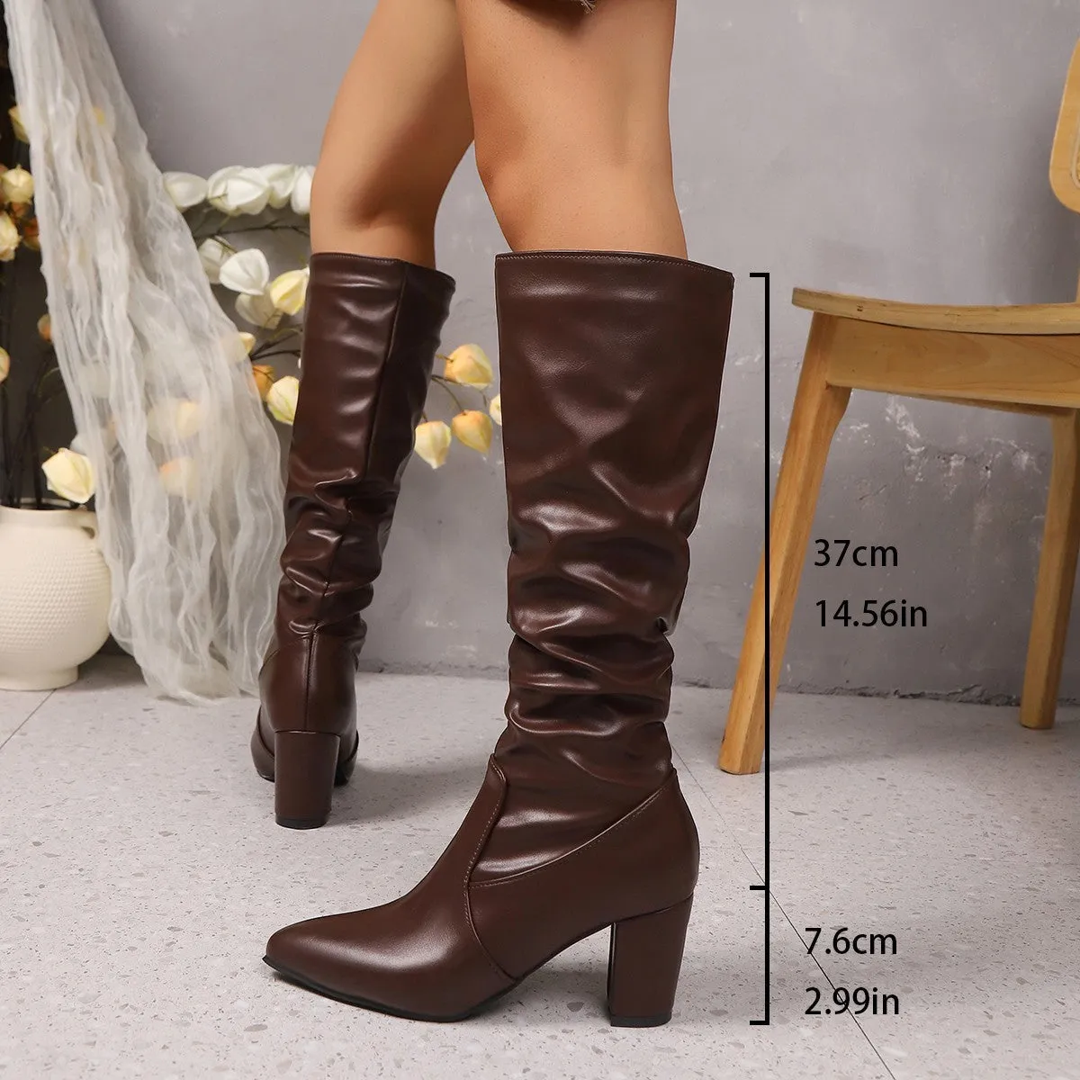 Pointed pleated sleeve high heel fashion boots for women in beige PU leather with rubber sole