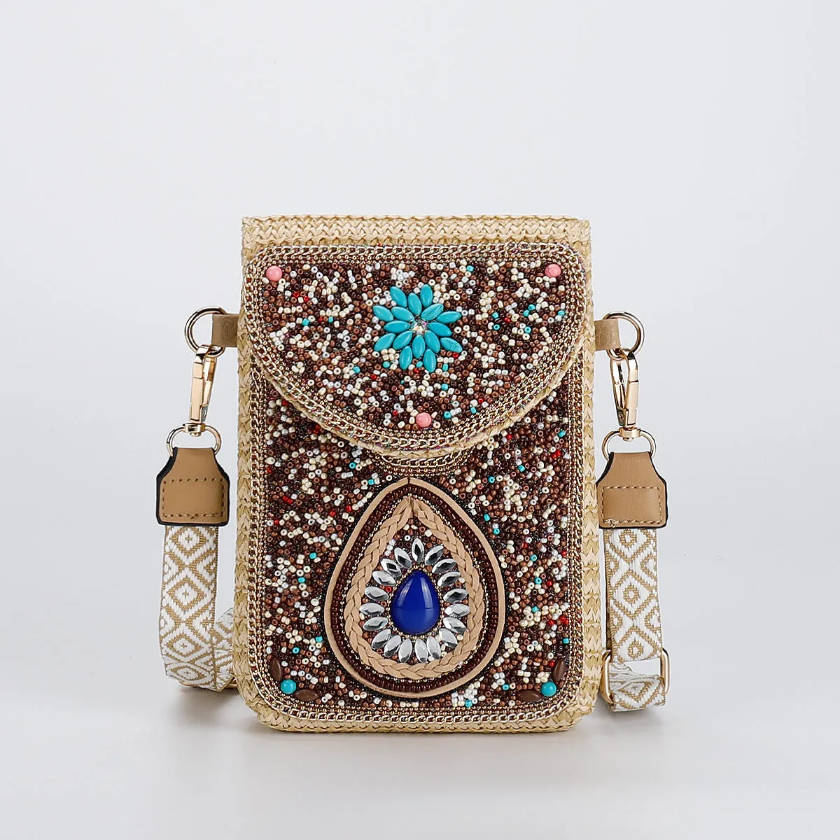 Rice bead straw woven women's crossbody shoulder bag square vertical shape with phone pocket