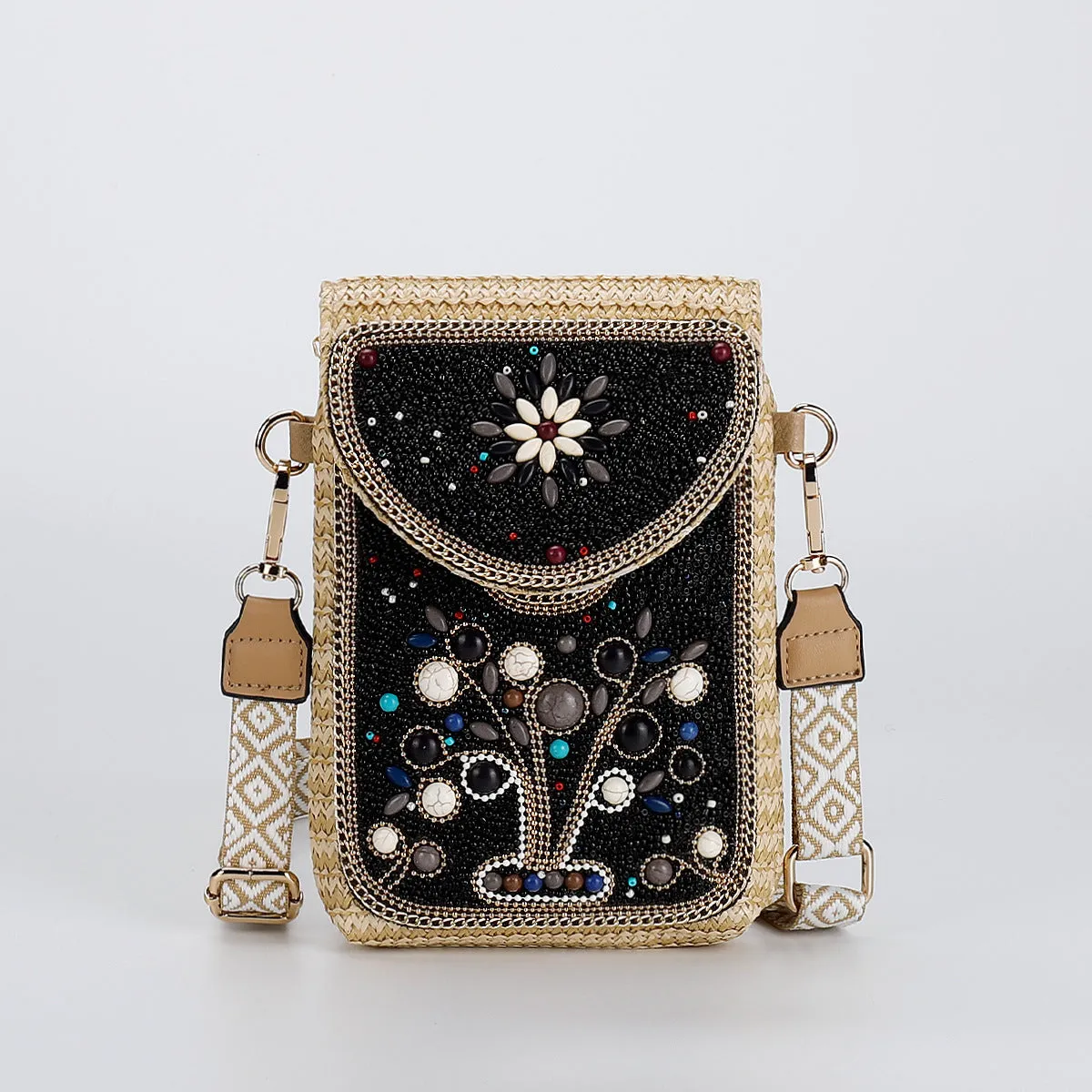 Rice bead straw woven women's crossbody shoulder bag square vertical shape with phone pocket