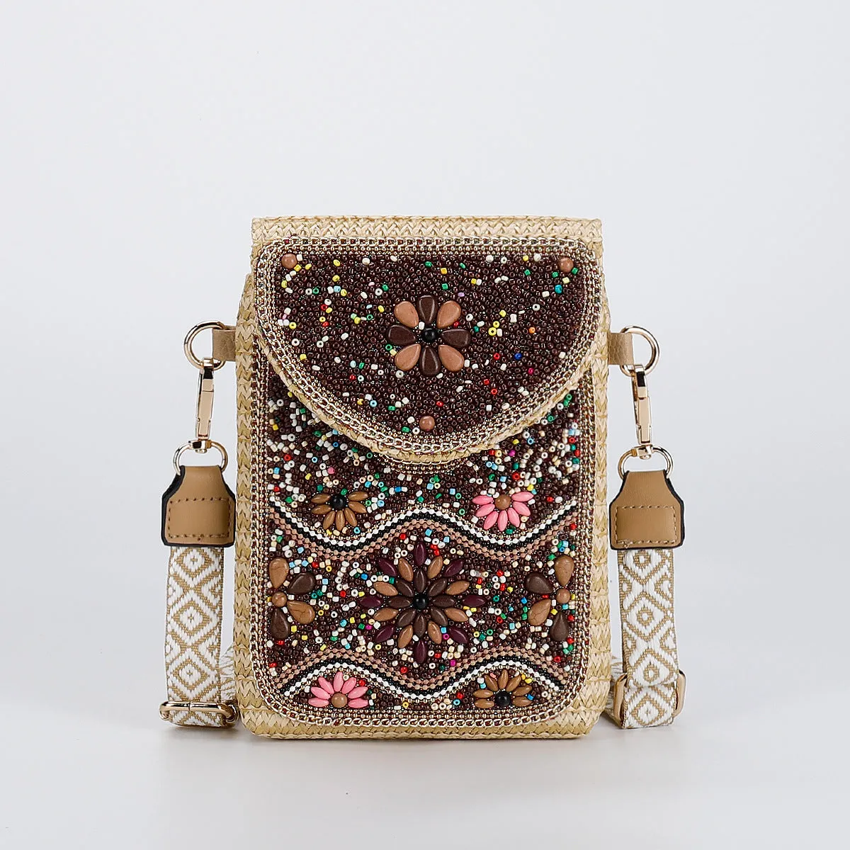 Rice bead straw woven women's crossbody shoulder bag square vertical shape with phone pocket
