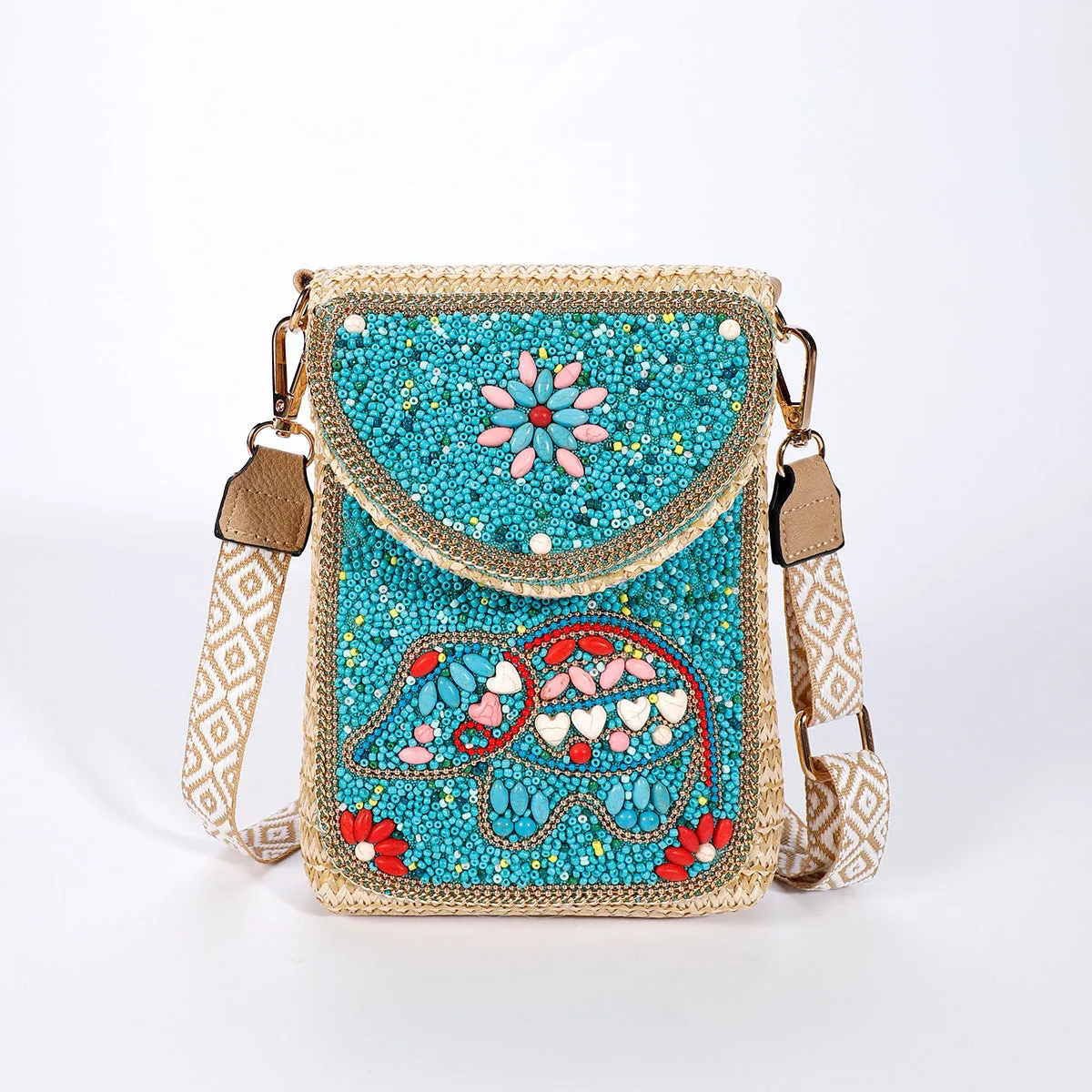 Rice bead straw woven women's crossbody shoulder bag square vertical shape with phone pocket