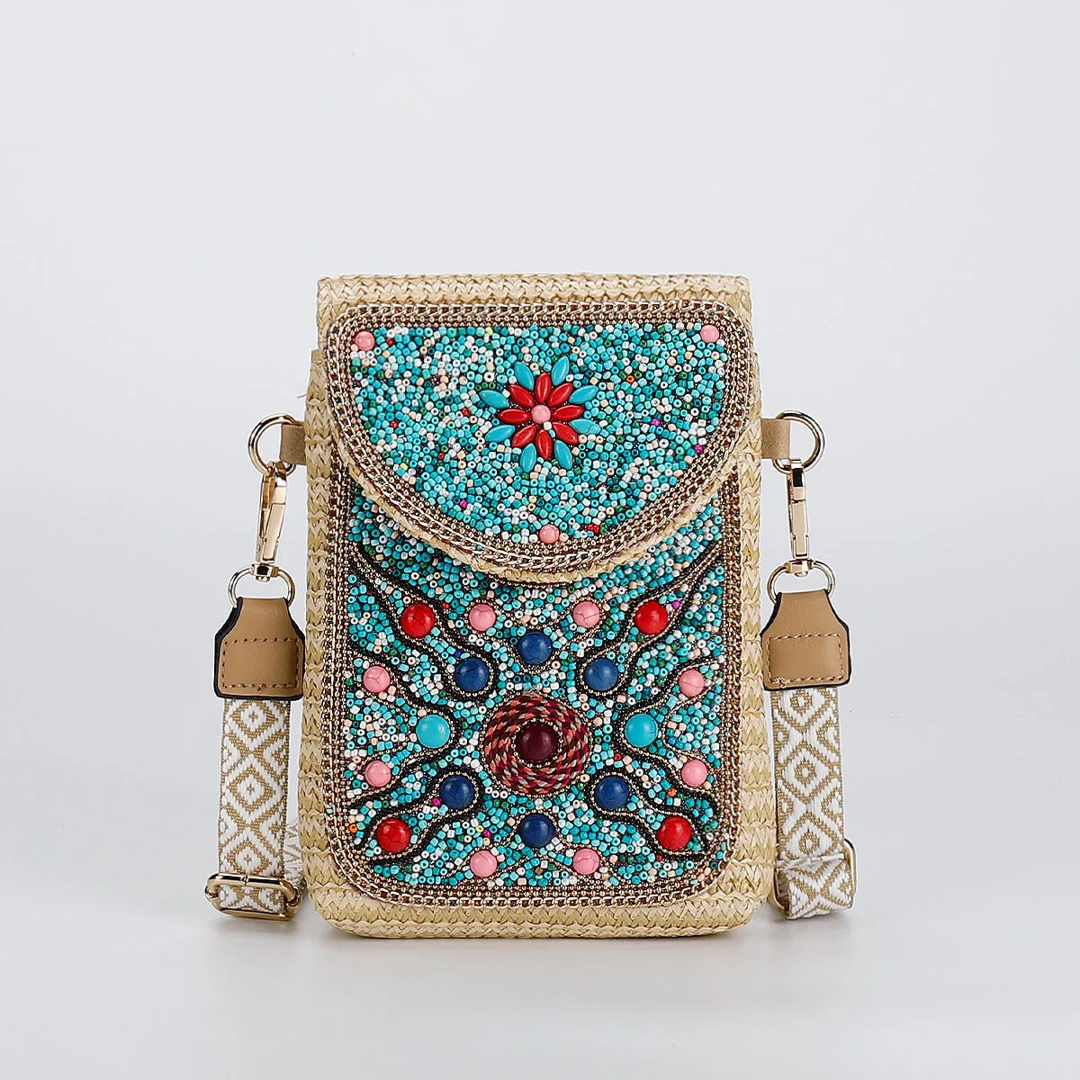 Rice bead straw woven women's crossbody shoulder bag square vertical shape with phone pocket