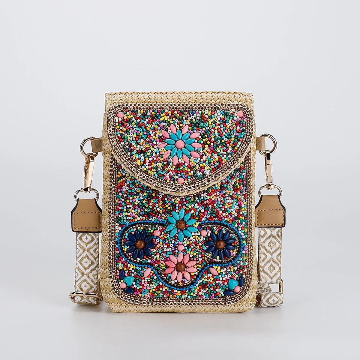 Rice bead straw woven women's crossbody shoulder bag square vertical shape with phone pocket