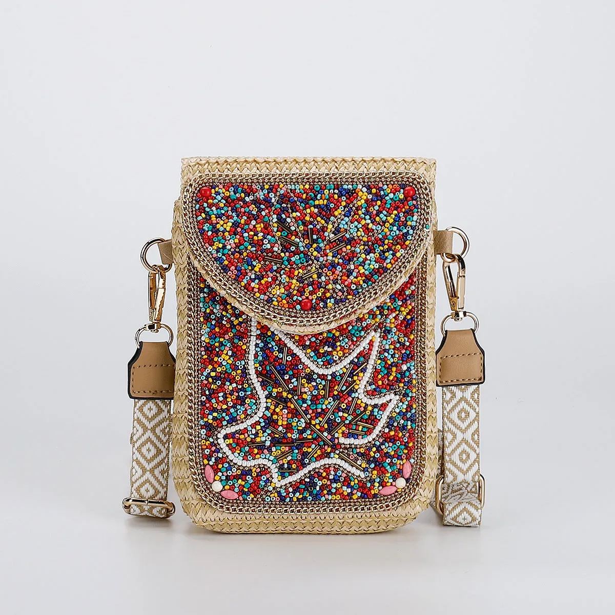 Rice bead straw woven women's crossbody shoulder bag square vertical shape with phone pocket