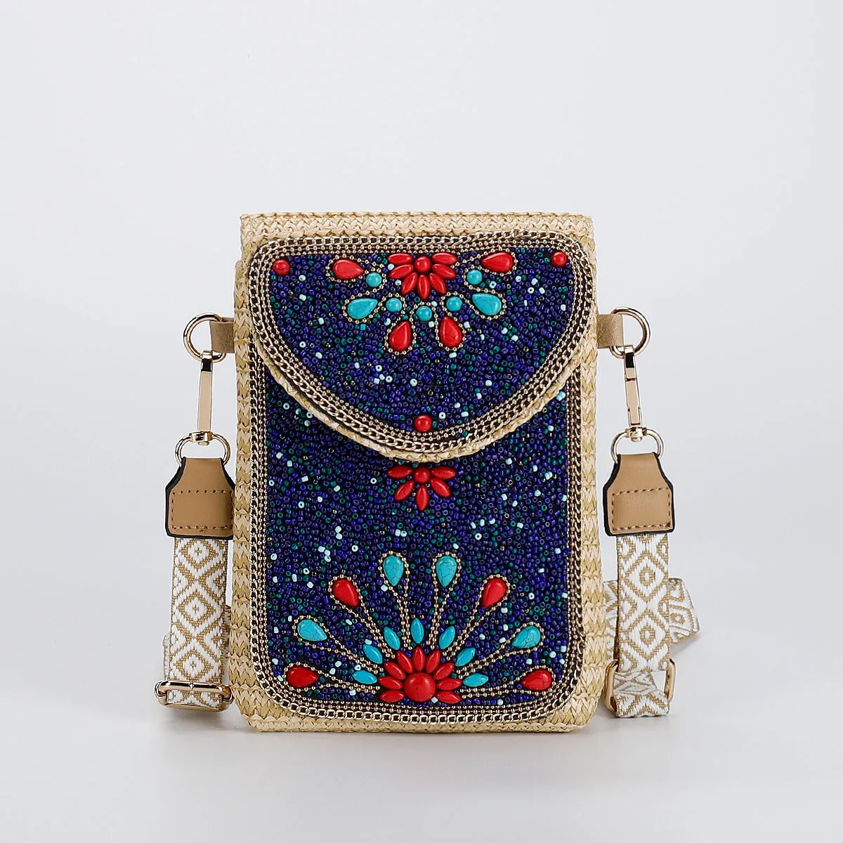 Rice bead straw woven women's crossbody shoulder bag square vertical shape with phone pocket