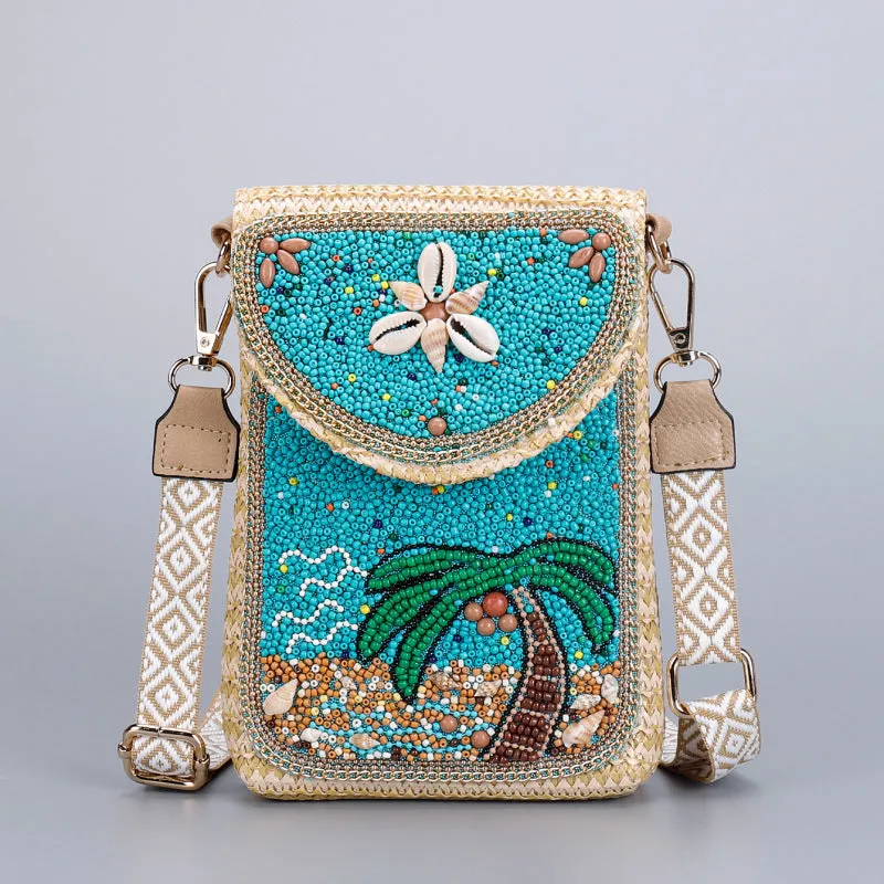 Rice bead straw woven women's crossbody shoulder bag square vertical shape with phone pocket