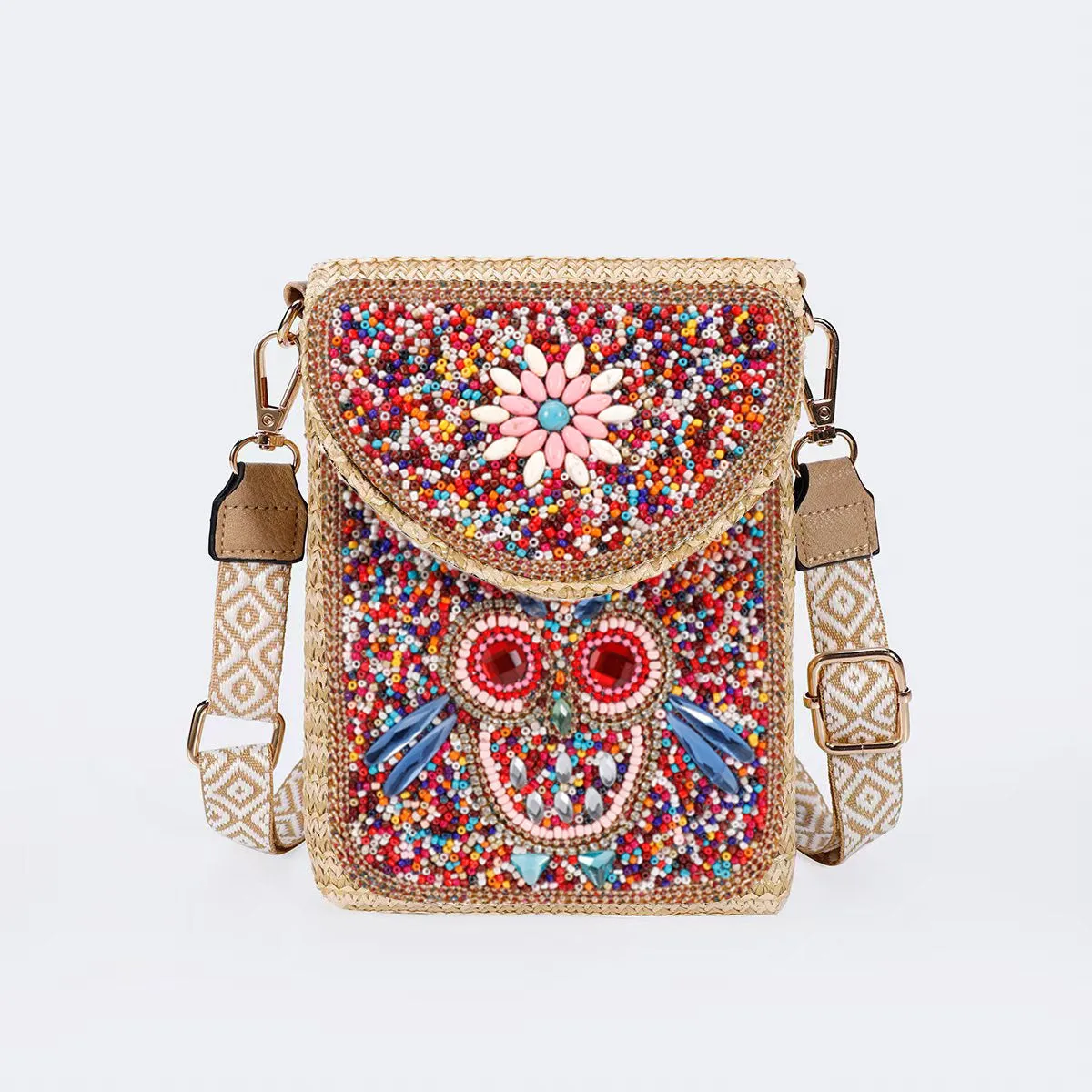 Rice bead straw woven women's crossbody shoulder bag square vertical shape with phone pocket