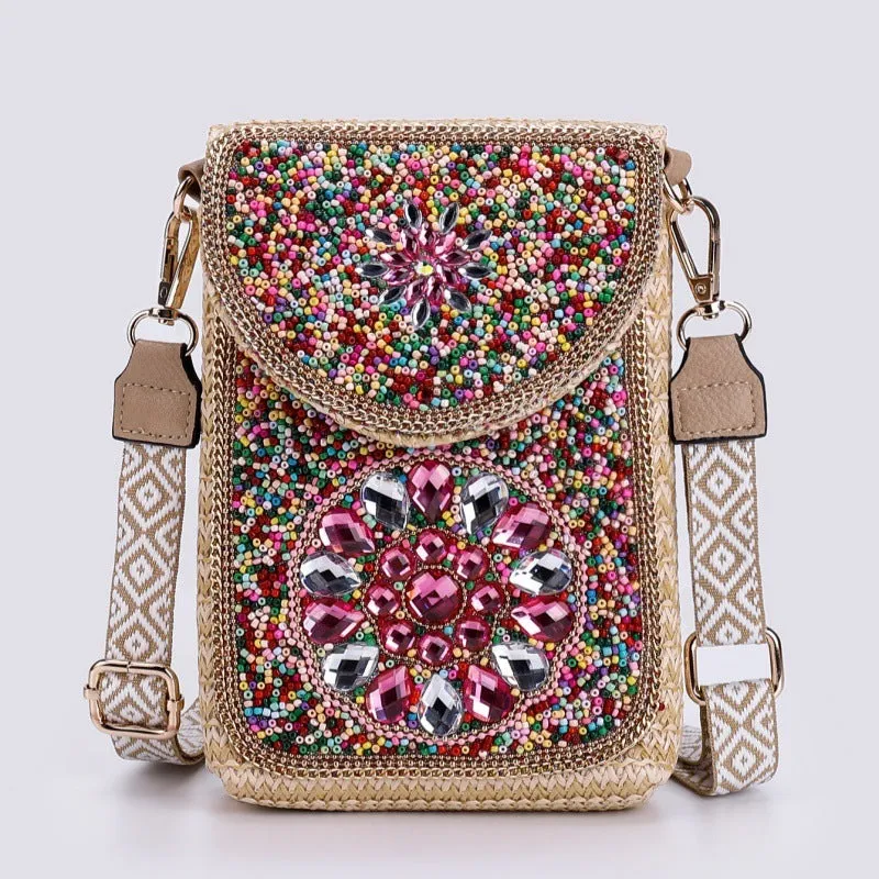 Rice bead straw woven women's crossbody shoulder bag square vertical shape with phone pocket