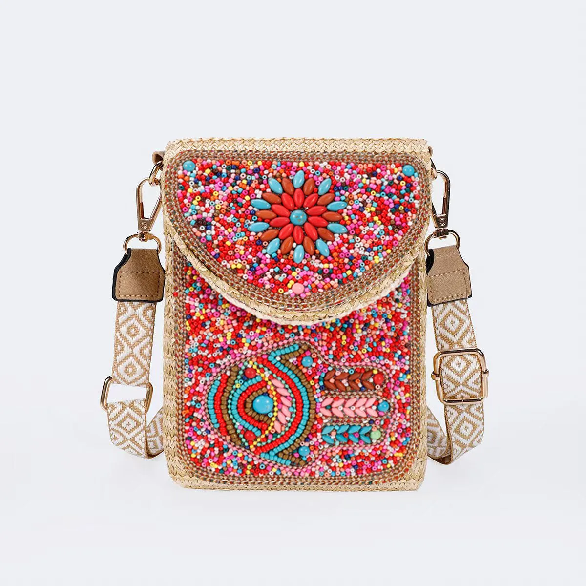 Rice bead straw woven women's crossbody shoulder bag square vertical shape with phone pocket
