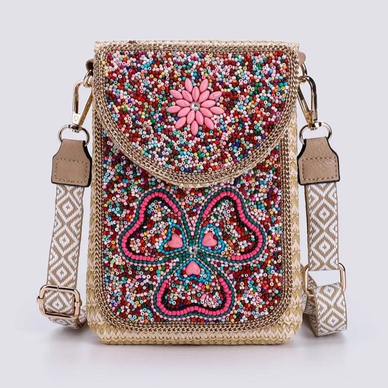 Rice bead straw woven women's crossbody shoulder bag square vertical shape with phone pocket