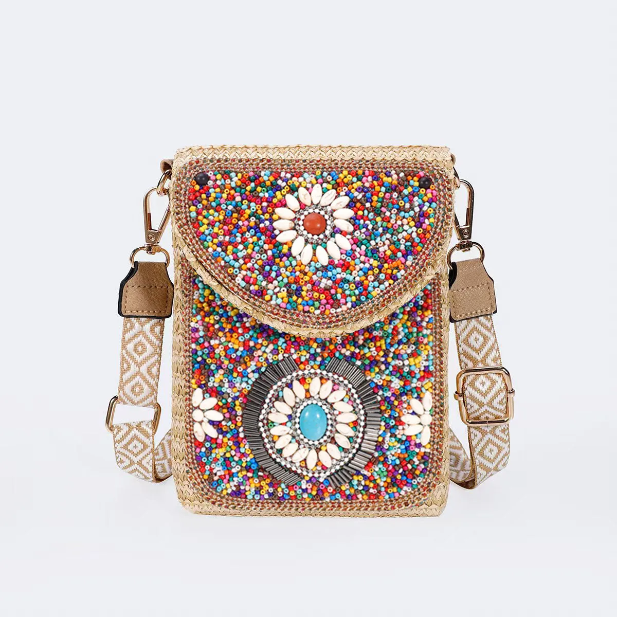 Rice bead straw woven women's crossbody shoulder bag square vertical shape with phone pocket