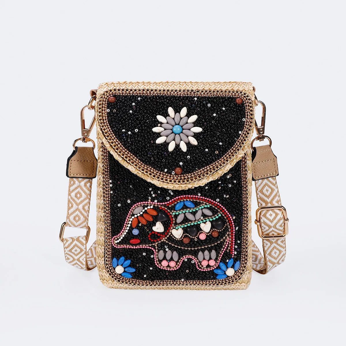 Rice bead straw woven women's crossbody shoulder bag square vertical shape with phone pocket