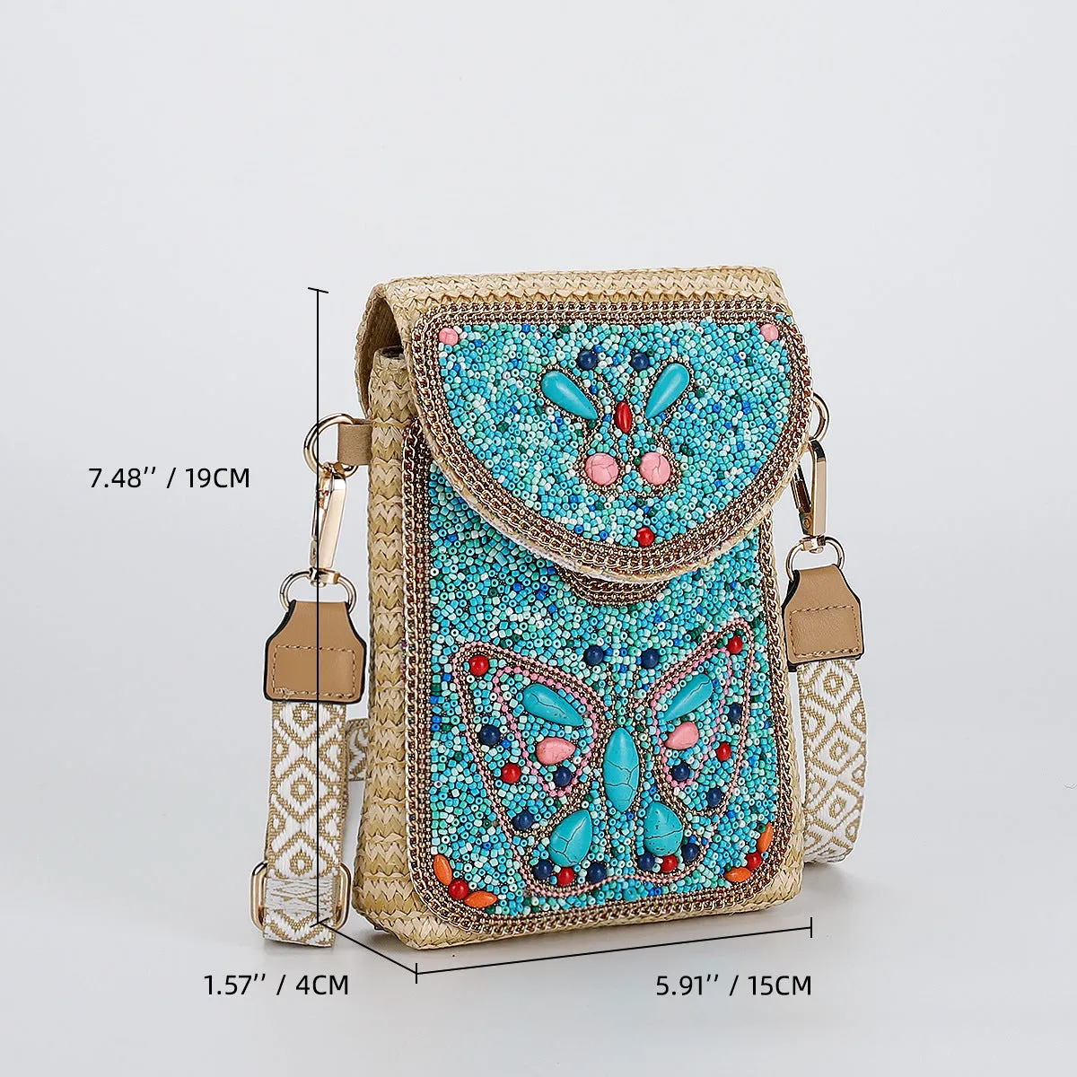 Rice bead straw woven women's crossbody shoulder bag square vertical shape with phone pocket