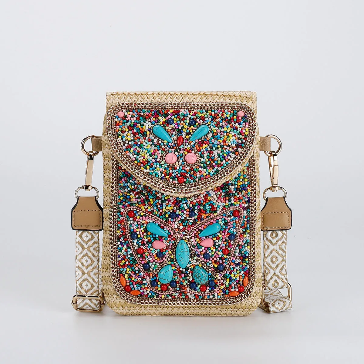Rice bead straw woven women's crossbody shoulder bag square vertical shape with phone pocket