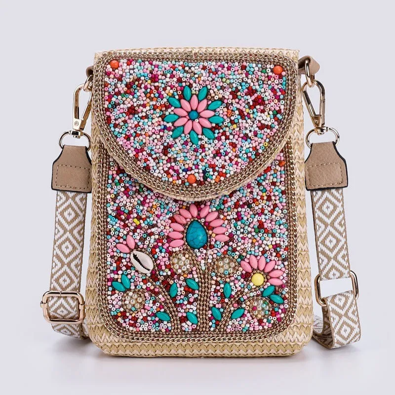 Rice bead straw woven women's crossbody shoulder bag square vertical shape with phone pocket