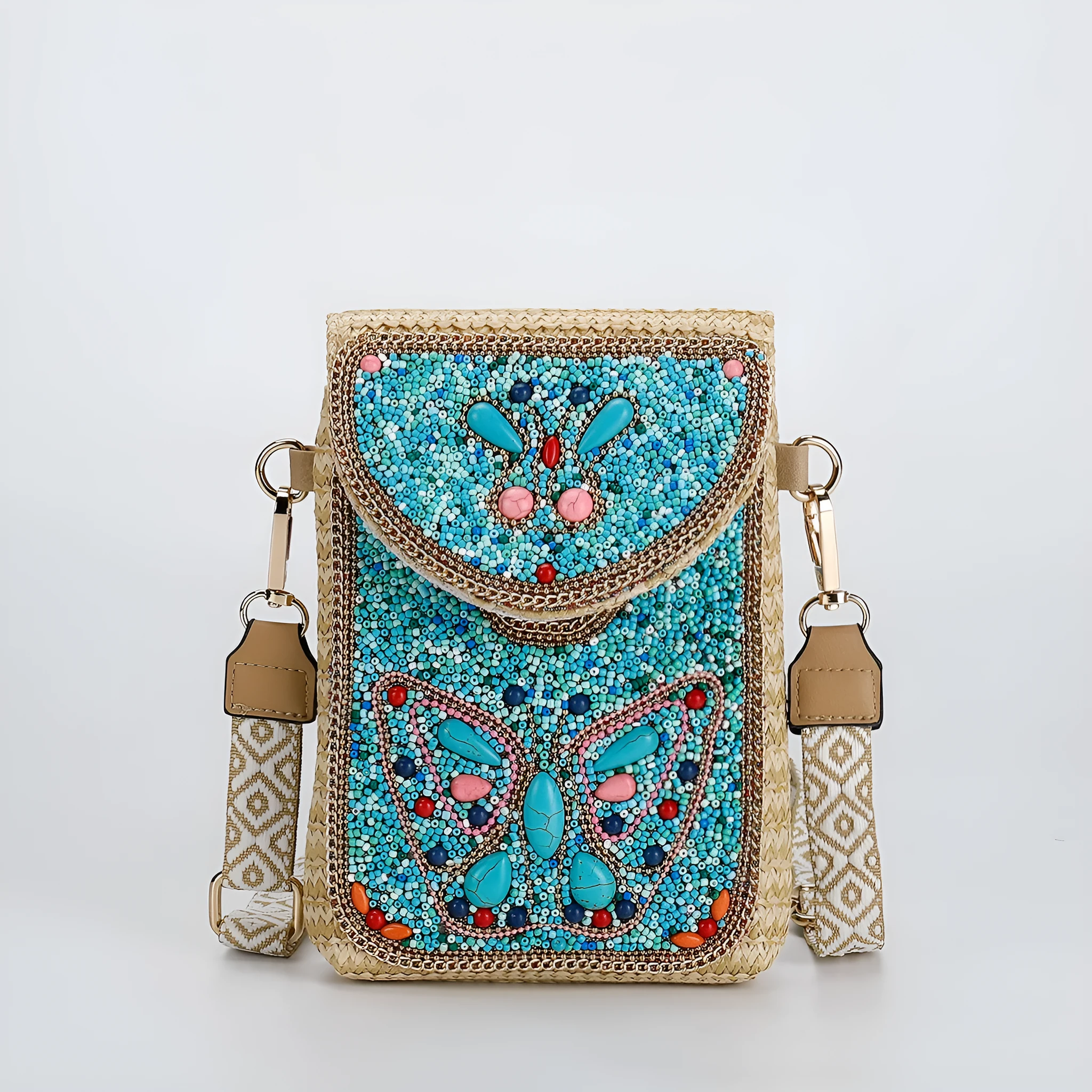 Rice bead straw woven women's crossbody shoulder bag square vertical shape with phone pocket