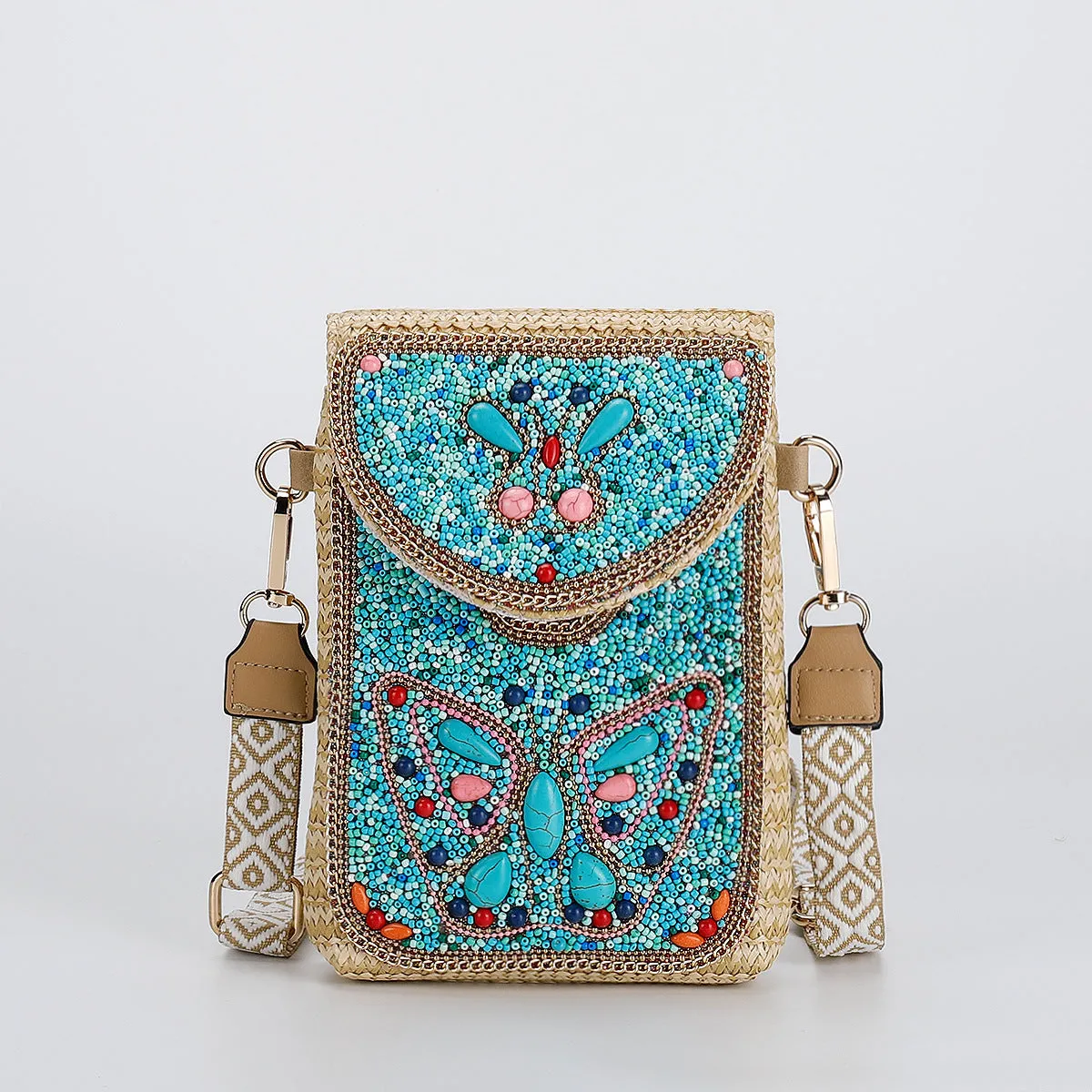 Rice bead straw woven women's crossbody shoulder bag square vertical shape with phone pocket