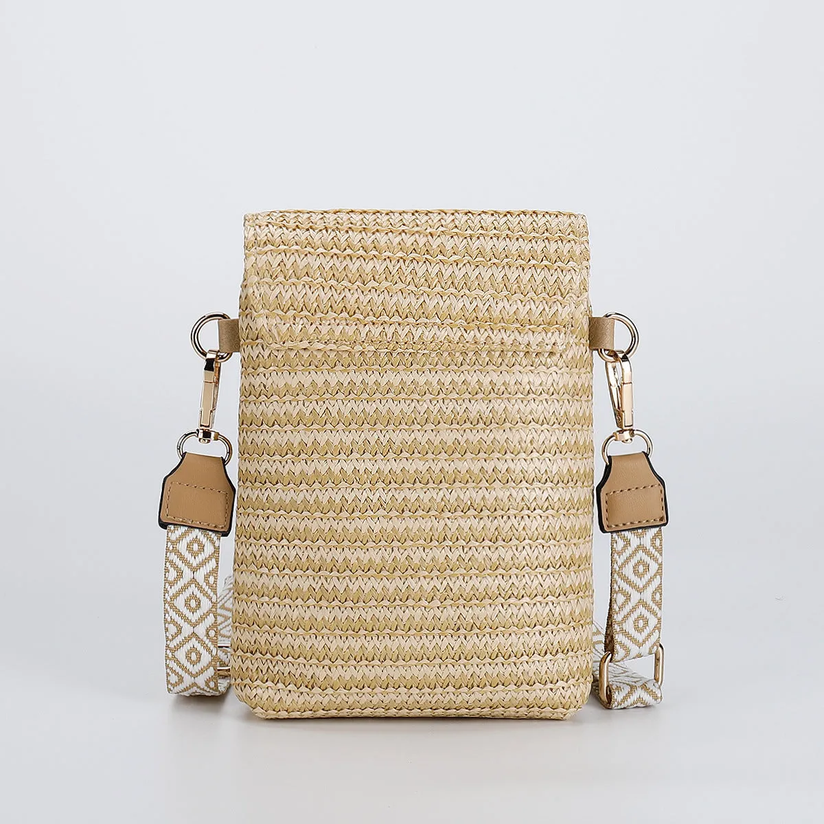 Rice bead straw woven women's crossbody shoulder bag square vertical shape with phone pocket