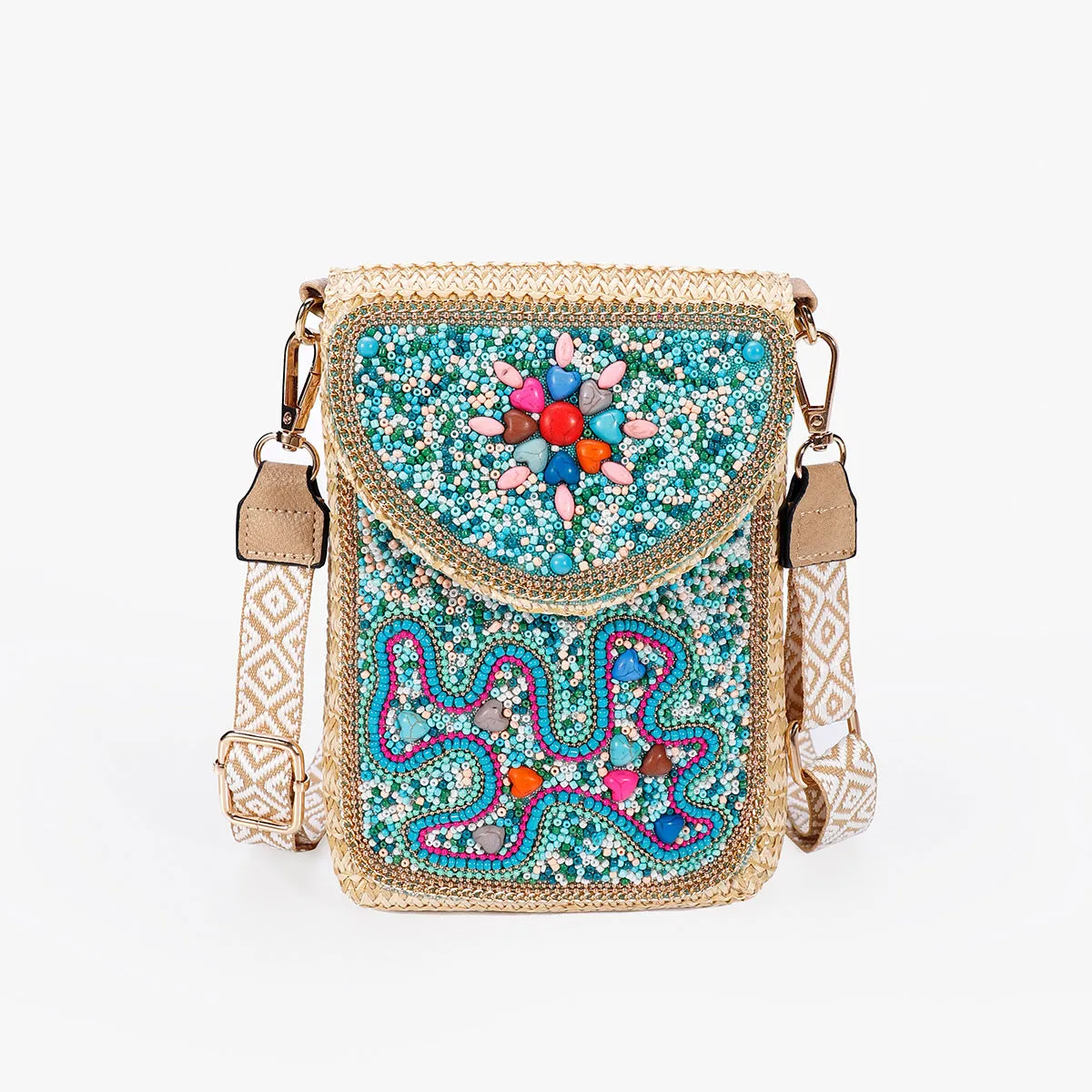 Rice bead straw woven women's crossbody shoulder bag square vertical shape with phone pocket
