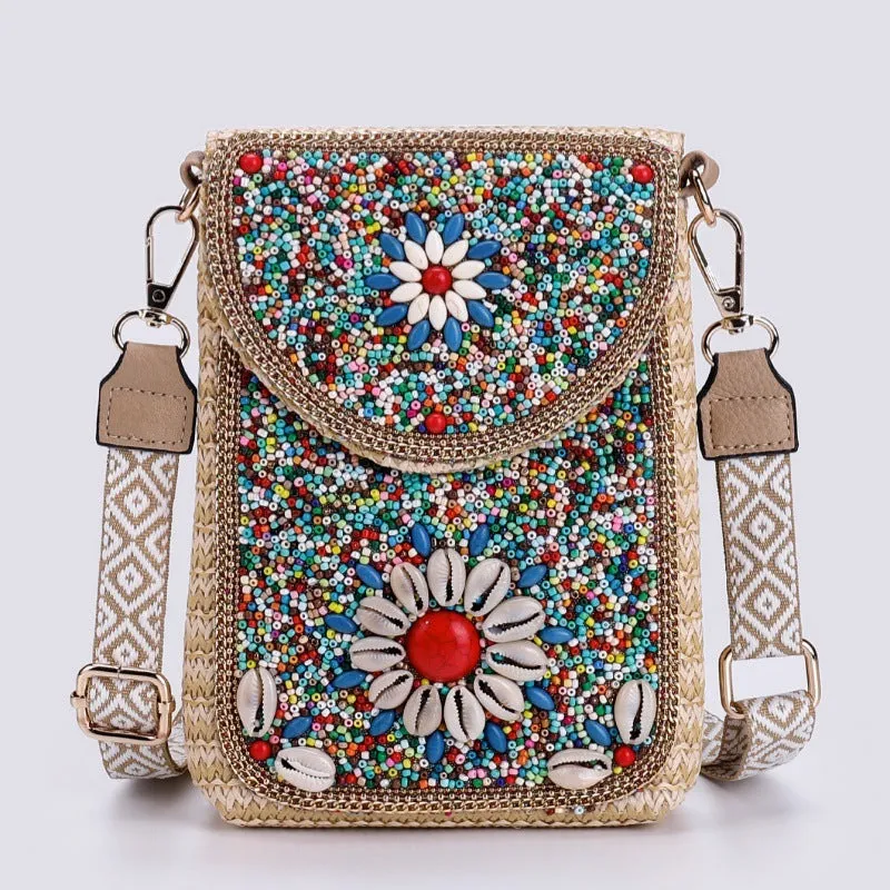 Rice bead straw woven women's crossbody shoulder bag square vertical shape with phone pocket
