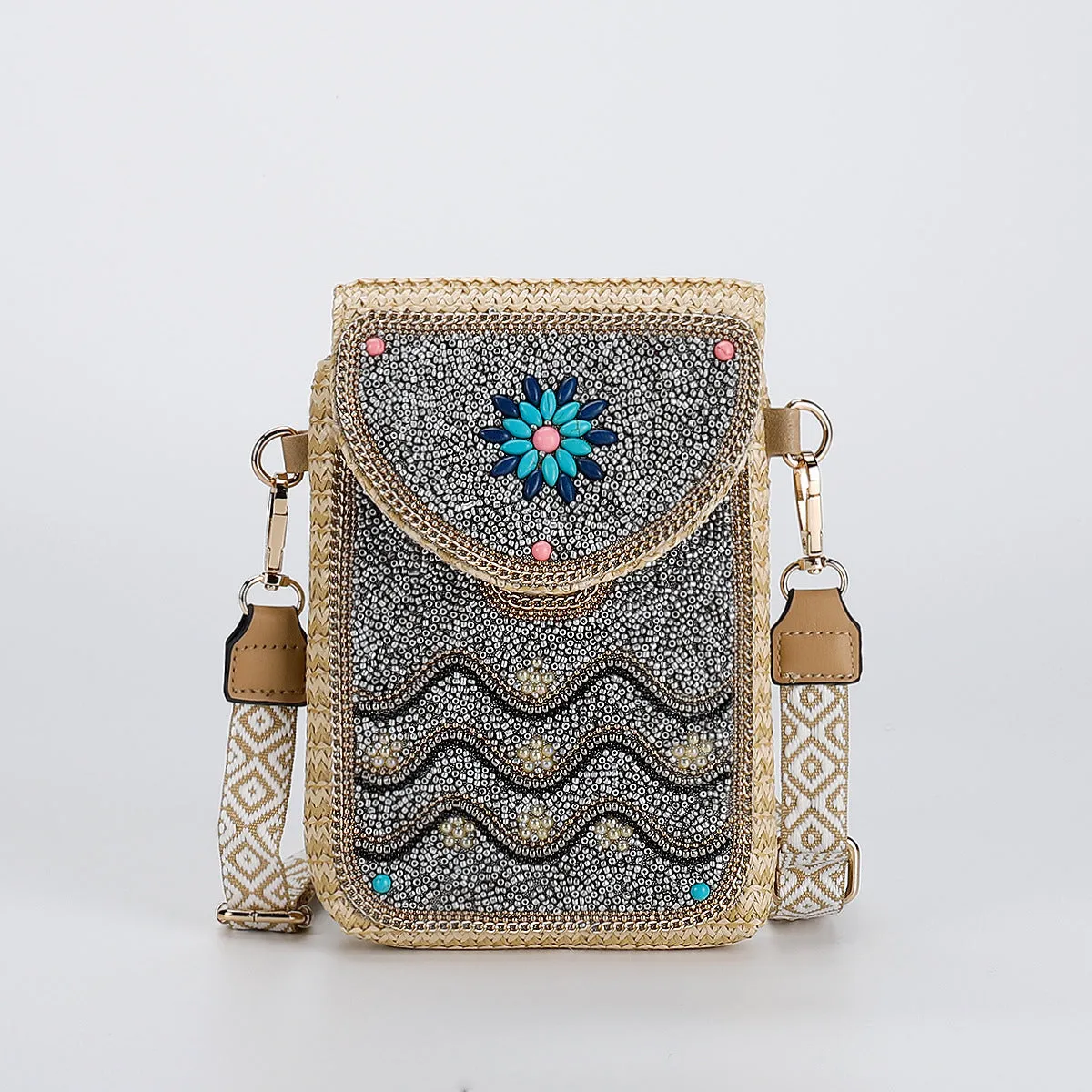 Rice bead straw woven women's crossbody shoulder bag square vertical shape with phone pocket