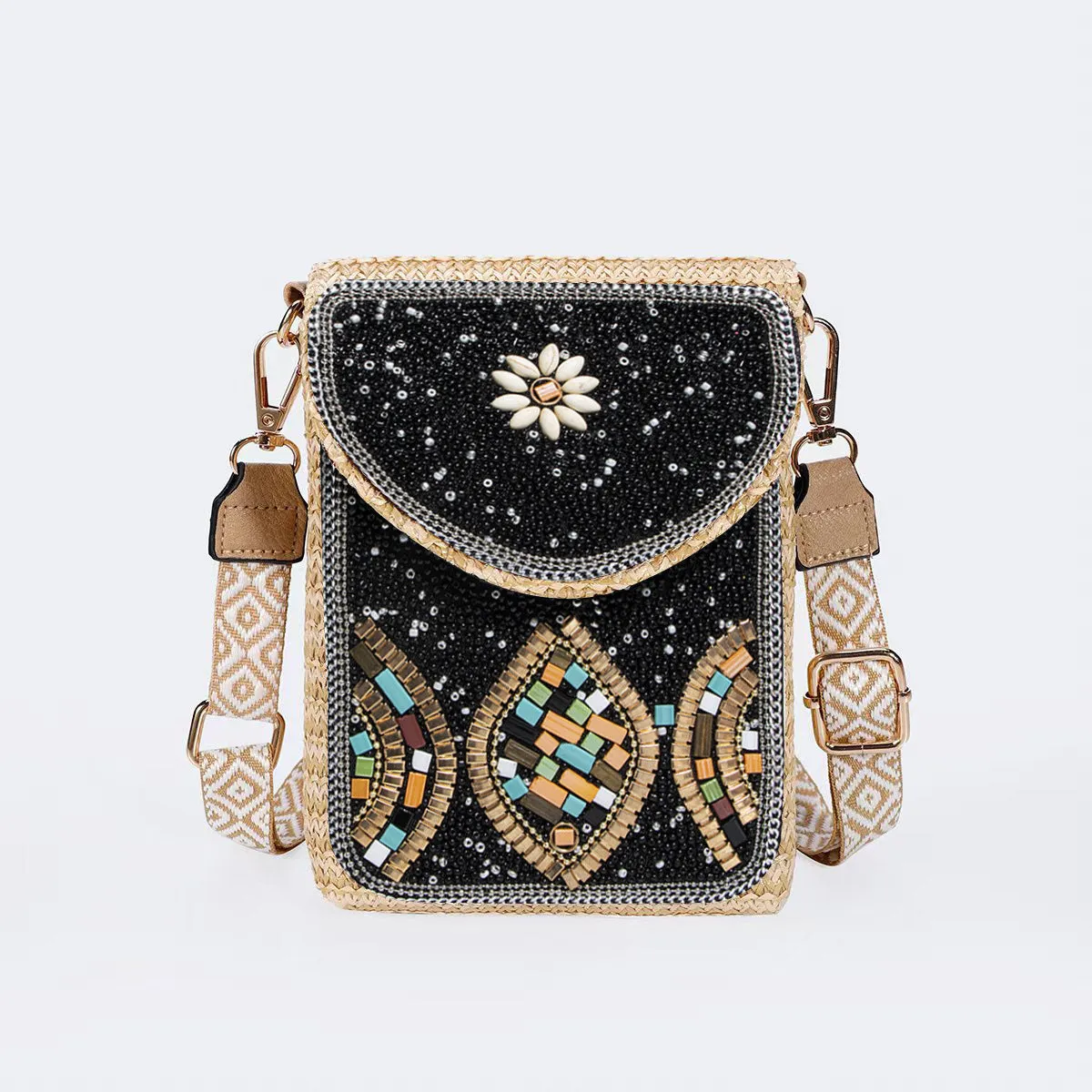 Rice bead straw woven women's crossbody shoulder bag square vertical shape with phone pocket