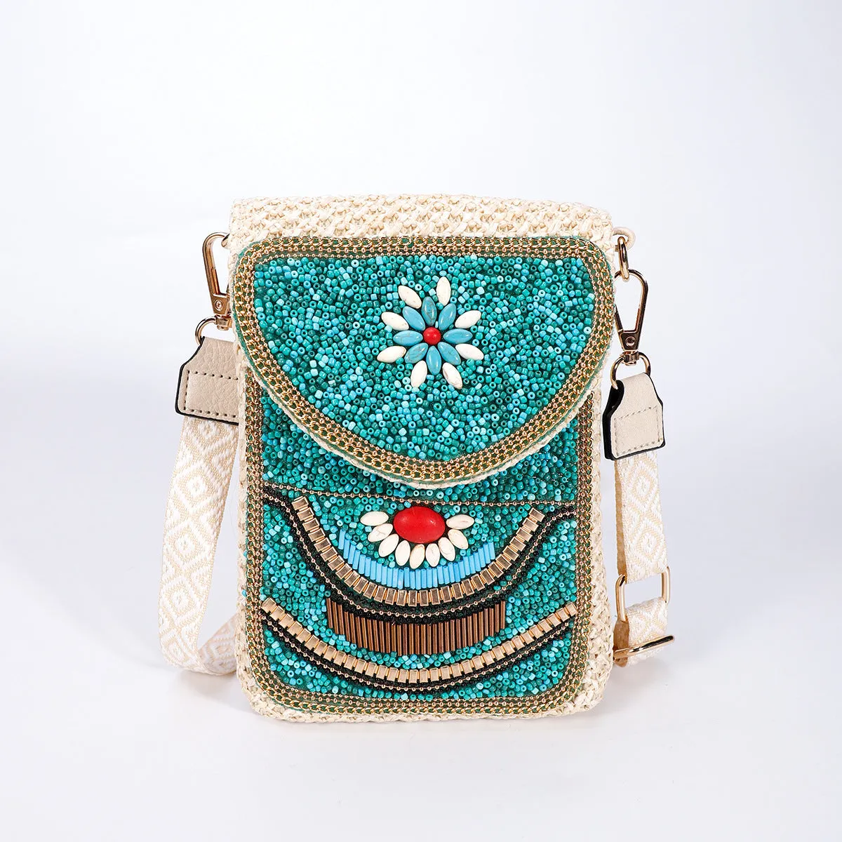 Rice bead straw woven women's crossbody shoulder bag square vertical shape with phone pocket
