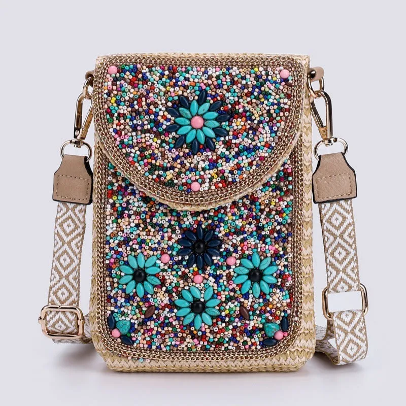 Rice bead straw woven women's crossbody shoulder bag square vertical shape with phone pocket