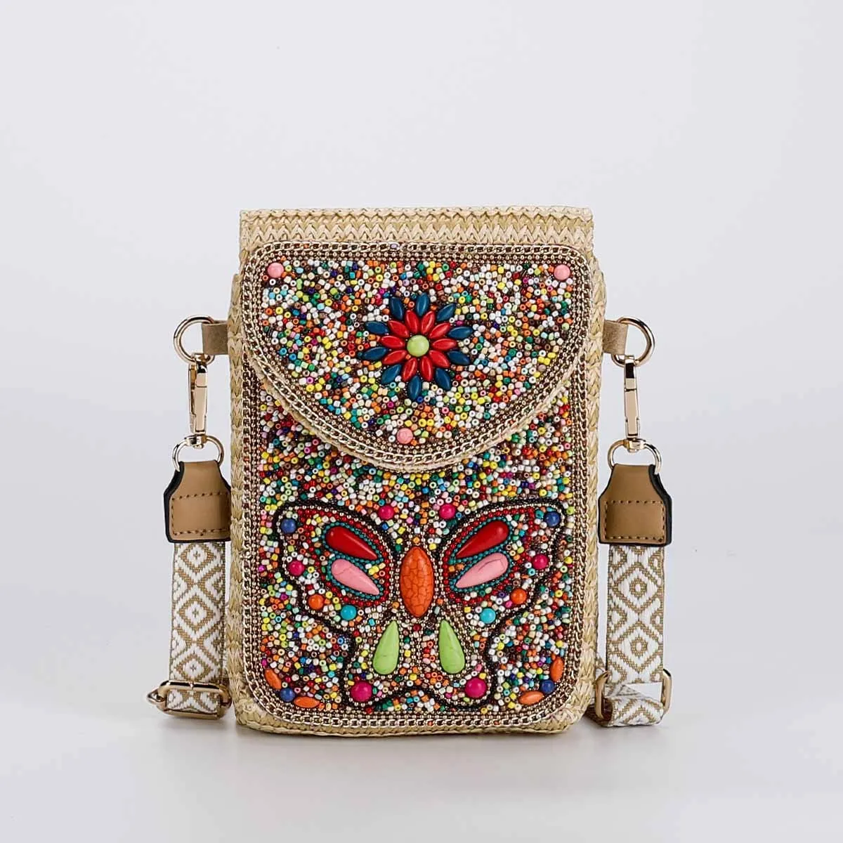Rice bead straw woven women's crossbody shoulder bag square vertical shape with phone pocket