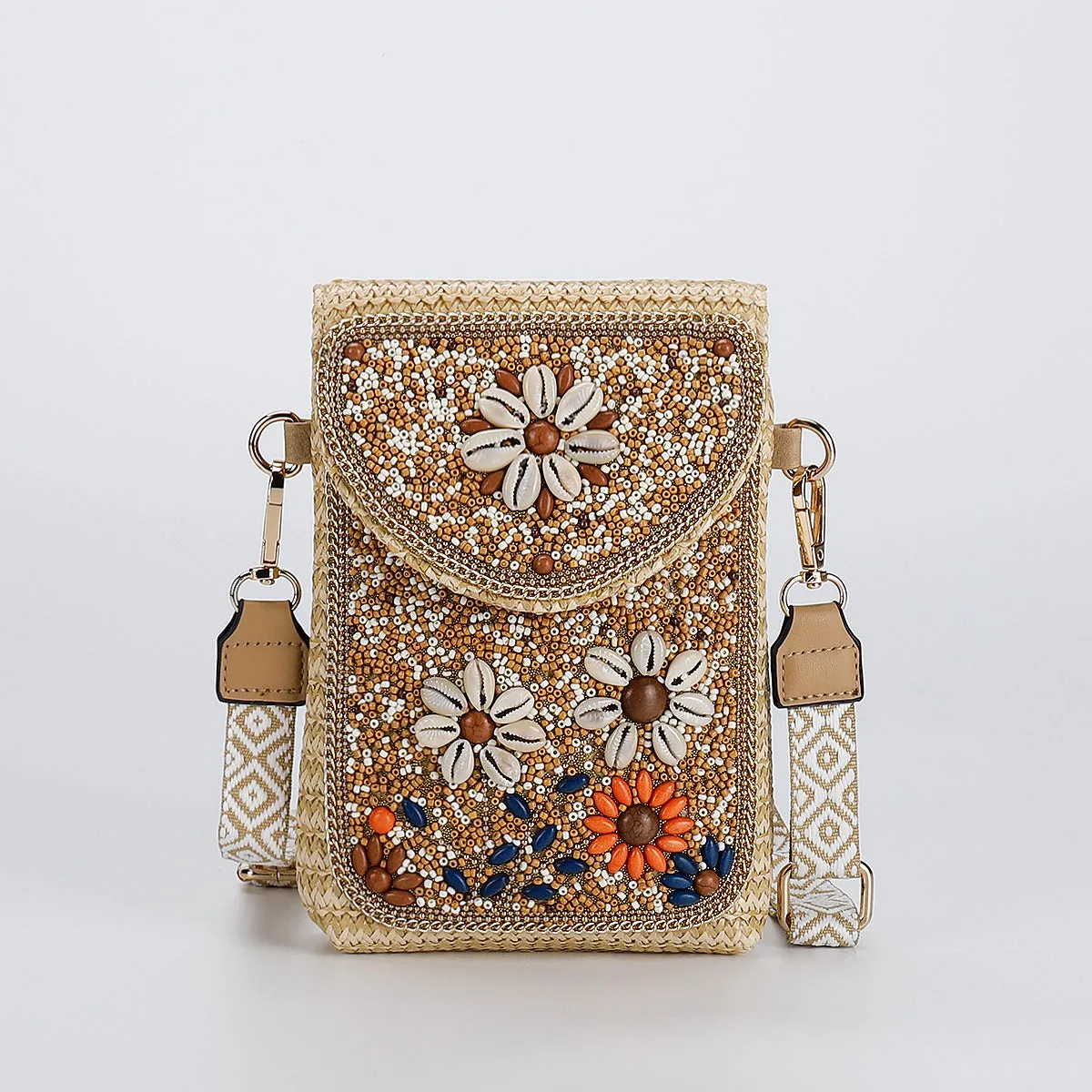 Rice bead straw woven women's crossbody shoulder bag square vertical shape with phone pocket