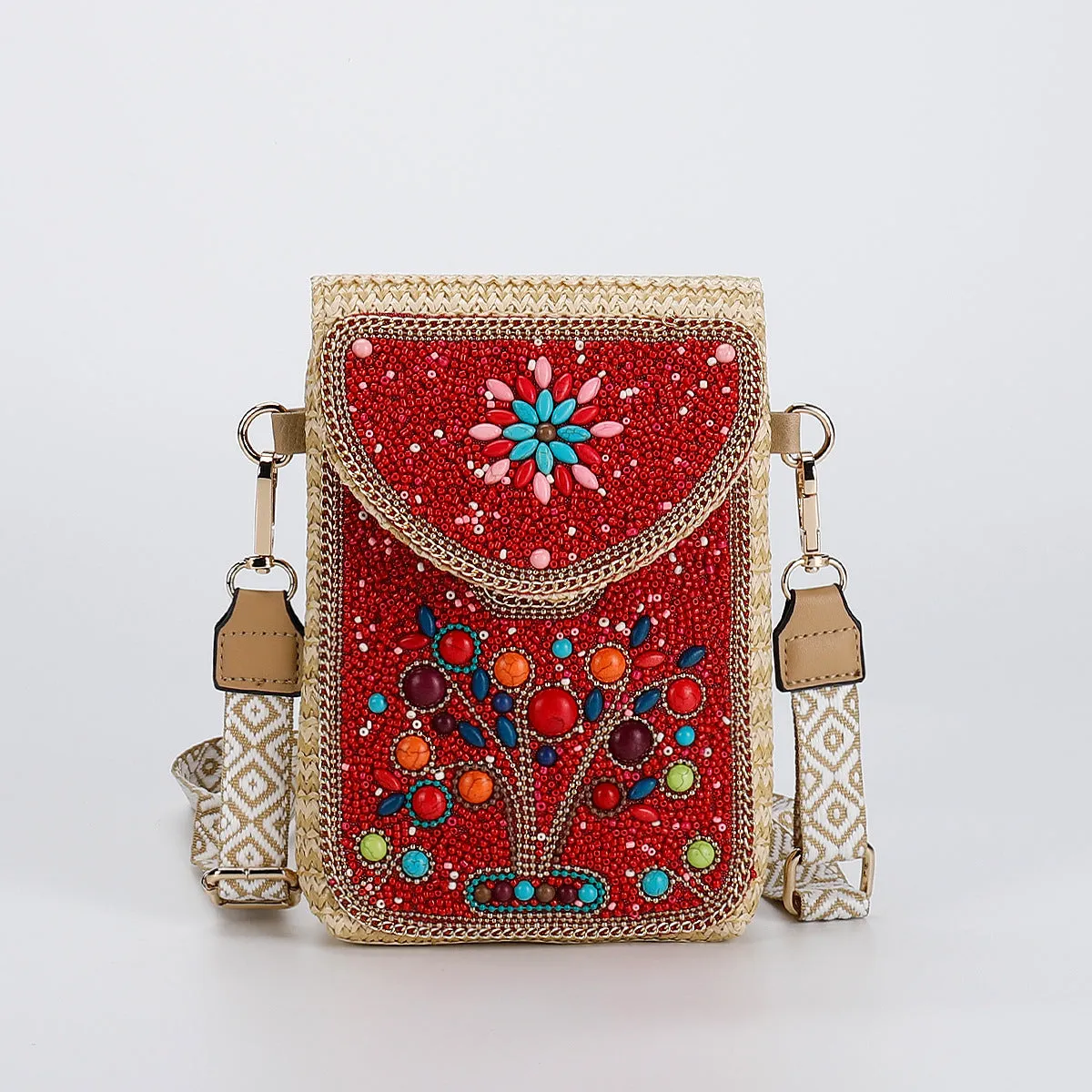 Rice bead straw woven women's crossbody shoulder bag square vertical shape with phone pocket