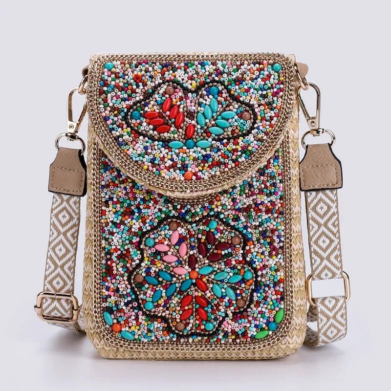 Rice bead straw woven women's crossbody shoulder bag square vertical shape with phone pocket