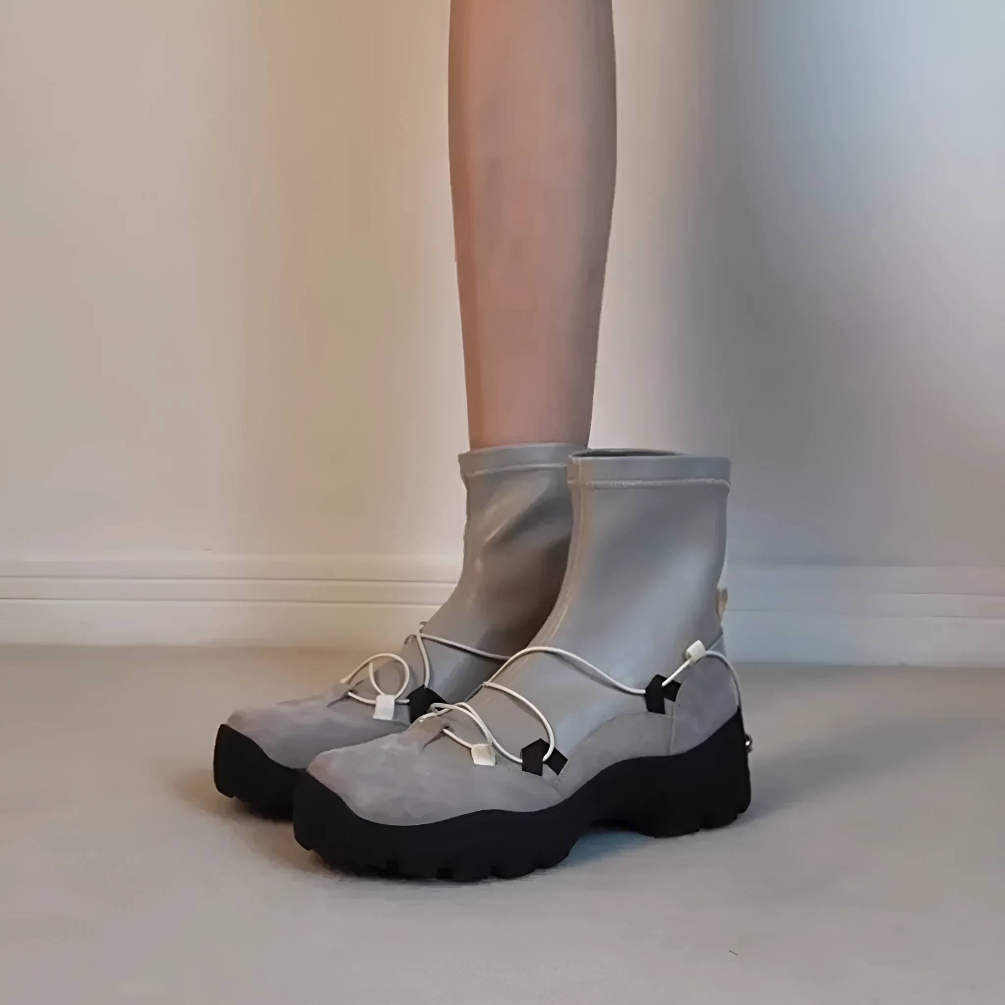 Retro platform cross strap stretch boots for women, flat heel, microfiber, gray colour