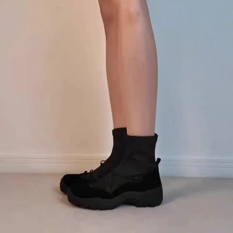 Retro platform cross strap stretch boots for women, flat heel, microfiber, gray colour