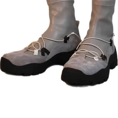 Retro platform cross strap stretch boots for women, flat heel, microfiber, gray colour