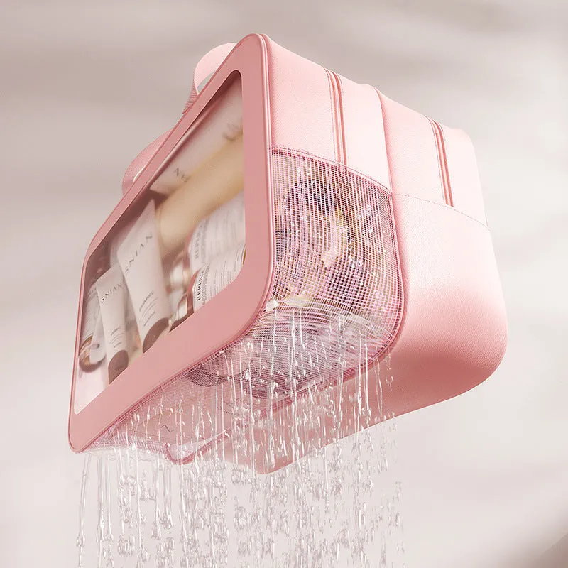 Portable dry wet separation washing and makeup bag in PU PVC with large capacity, available in black medium size.